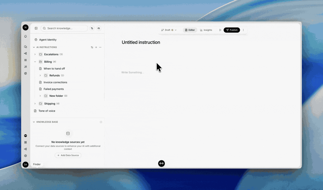 A quick tour of the AI Instructions sidebar: nested folders, dragging instructions into folders, the folder menu with sub-folders and pinning, and a pinned folder at the top