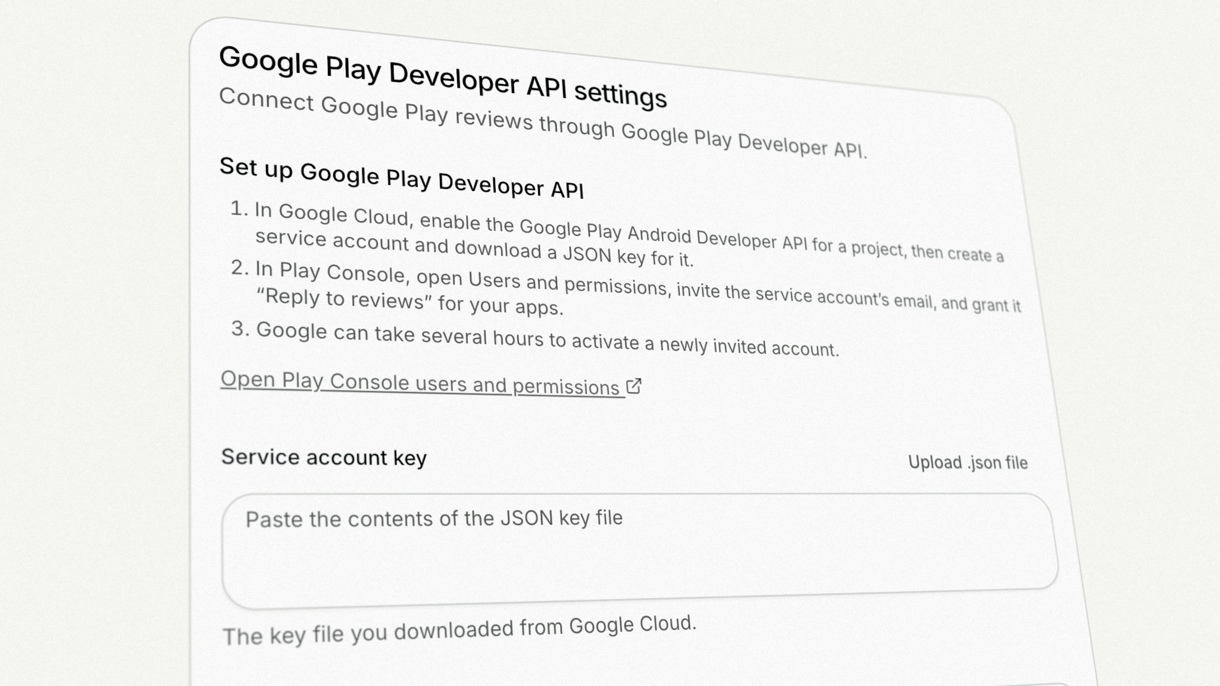 Google Play connection settings with setup steps, a service account key field and package names