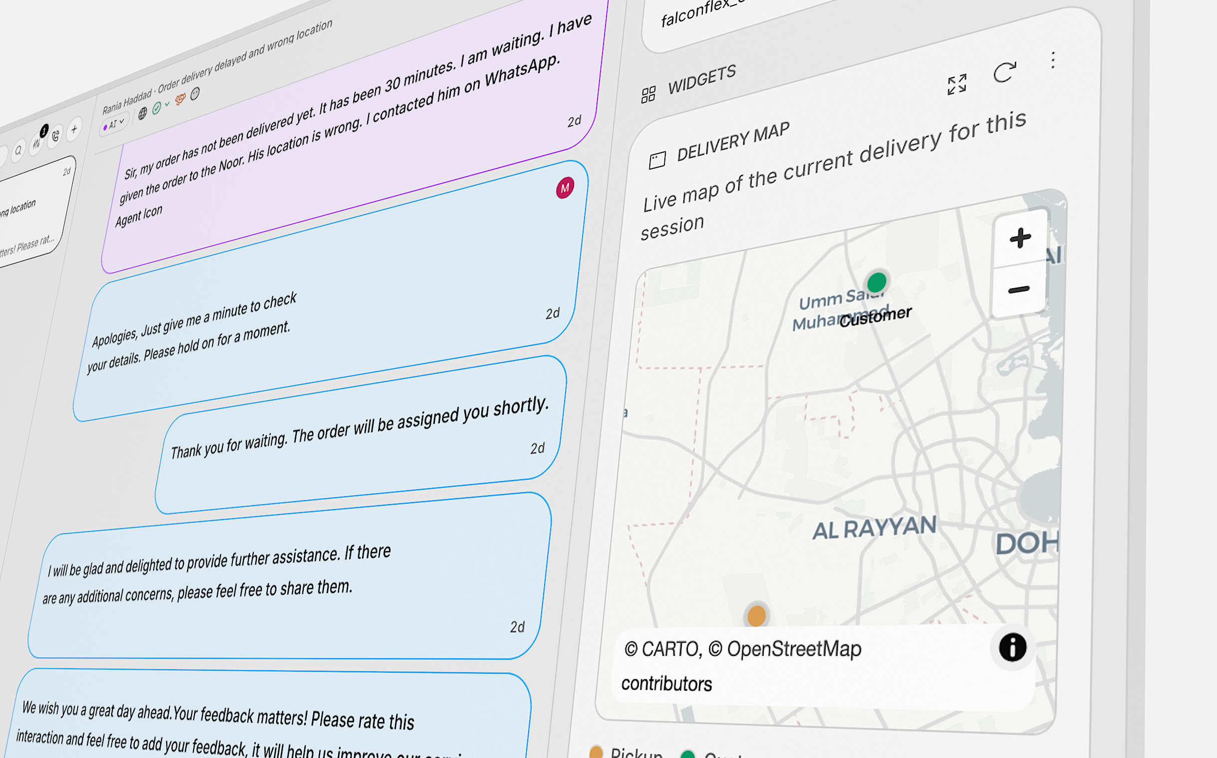 A delivery map widget pinned beside a conversation in the inbox