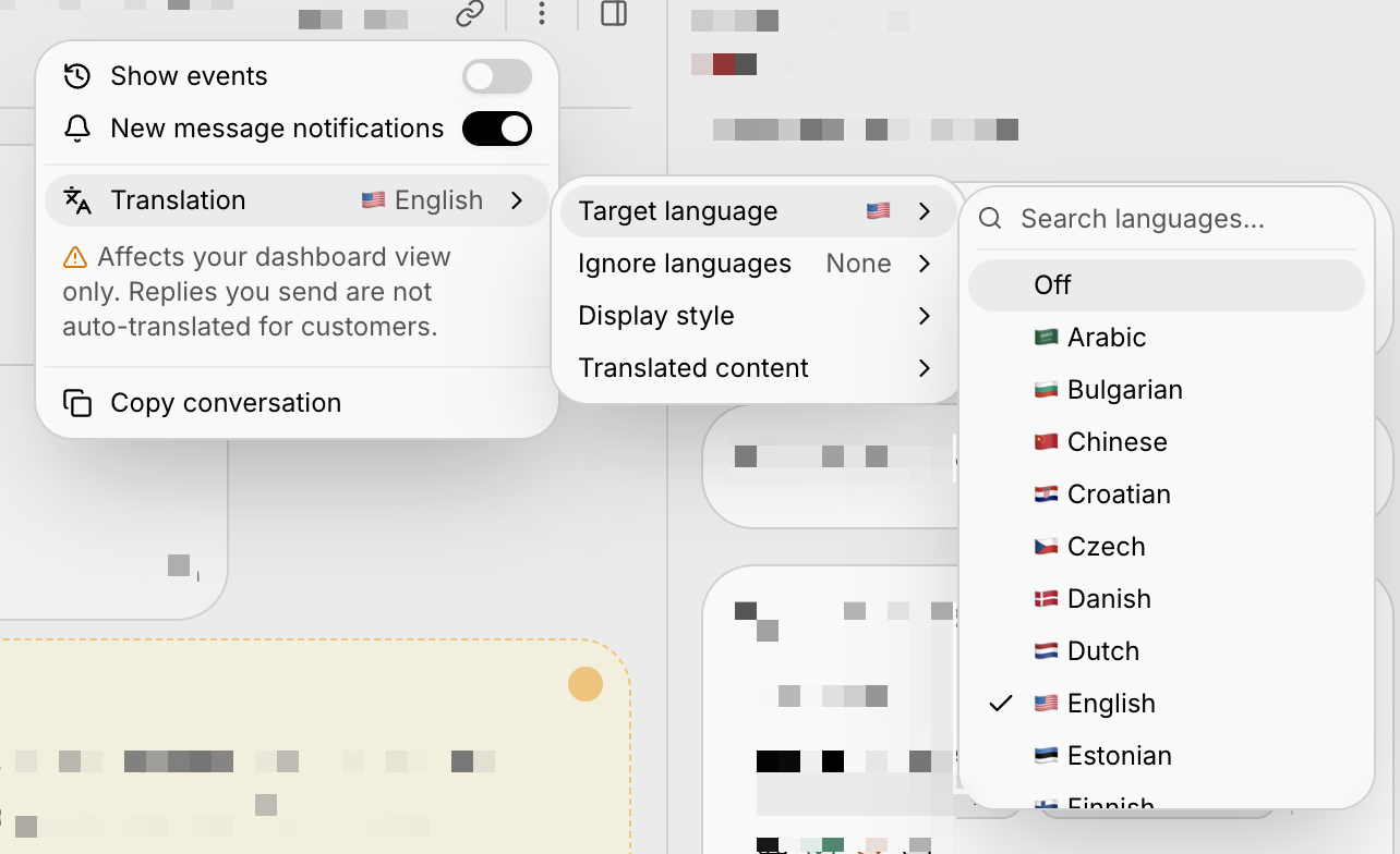 The Translation menu in a session — a searchable target-language picker, ignore languages, display style, and translated content options