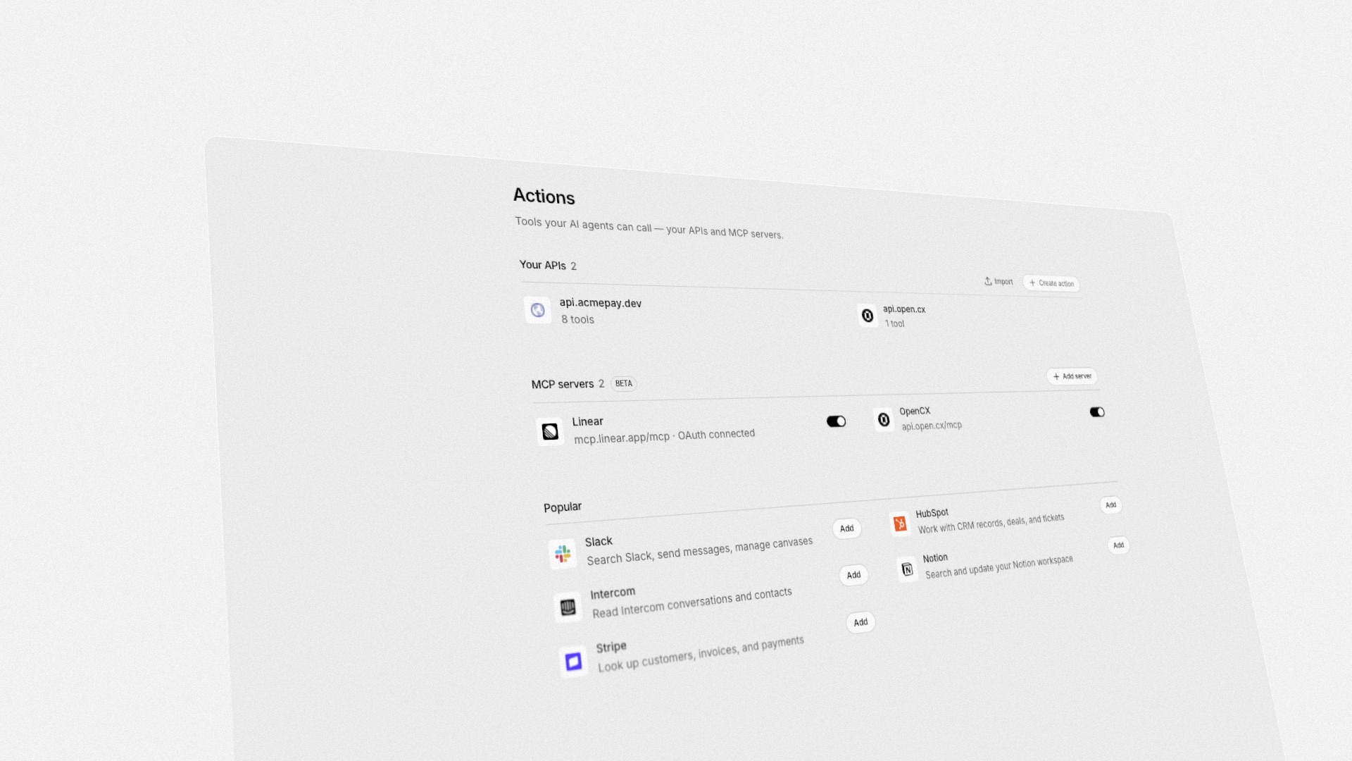 The actions directory — your APIs, connected MCP servers, and a gallery of popular servers to add in one click