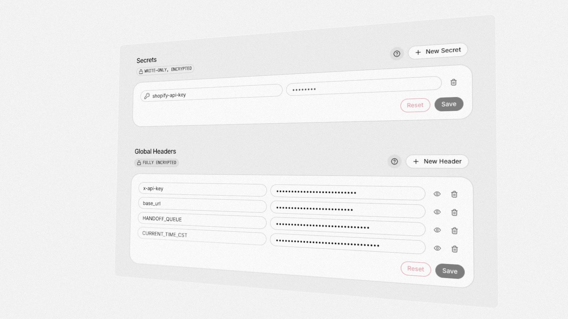The Secrets card in settings — write-only encrypted credentials edited inline, next to Global Headers