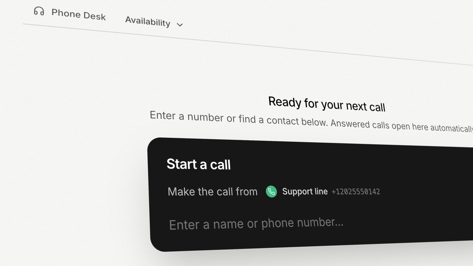 Phone Desk with the availability control in the header and a centered dialer ready to call from the Support line