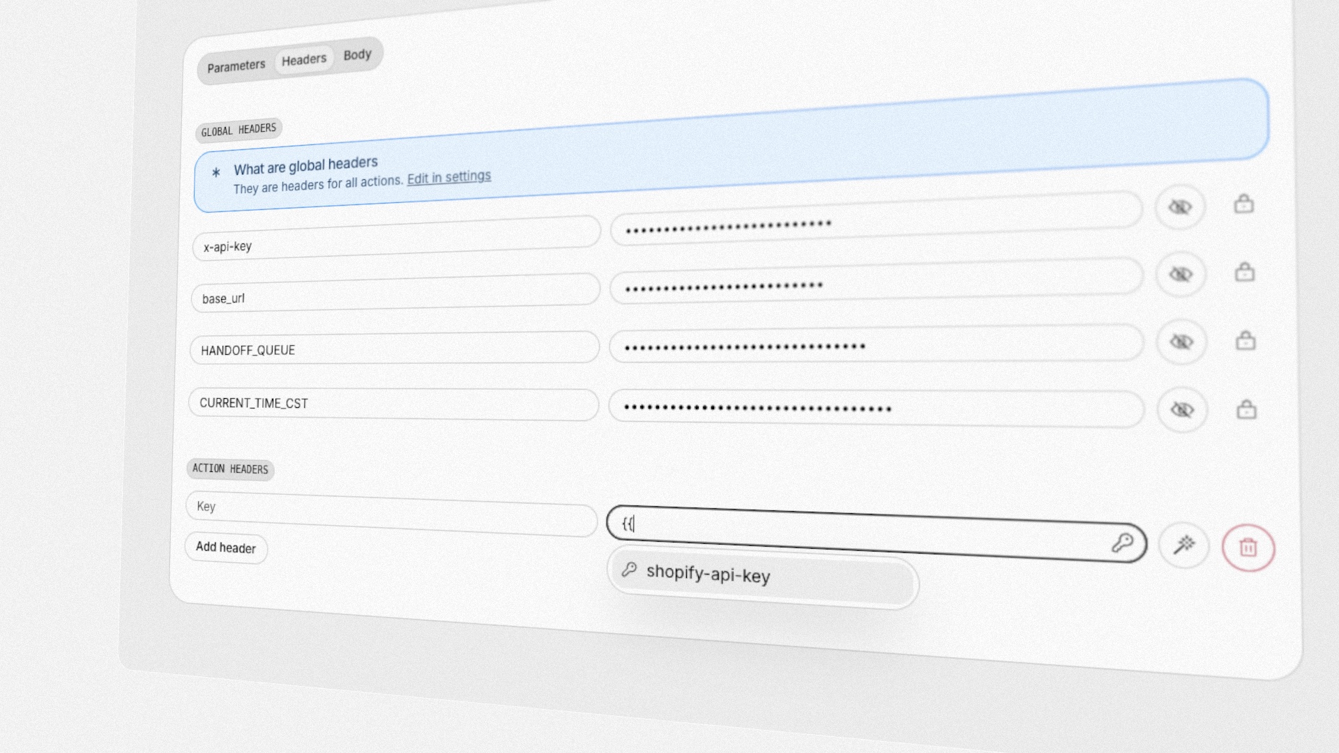 The secret picker in an action header editor — typing two braces offers the org’s secrets