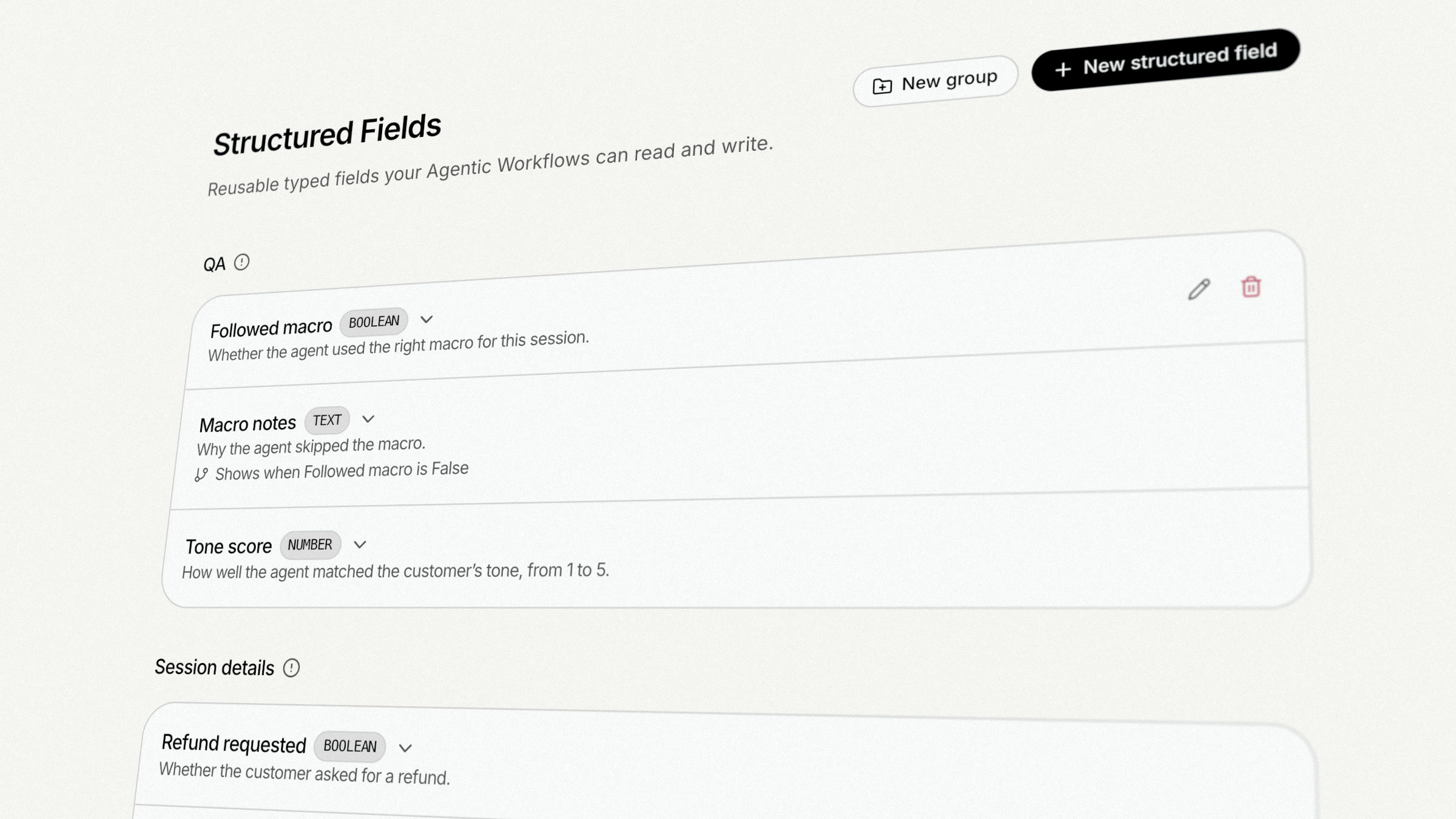 Structured Fields settings with QA and Session details groups, each listing its typed fields