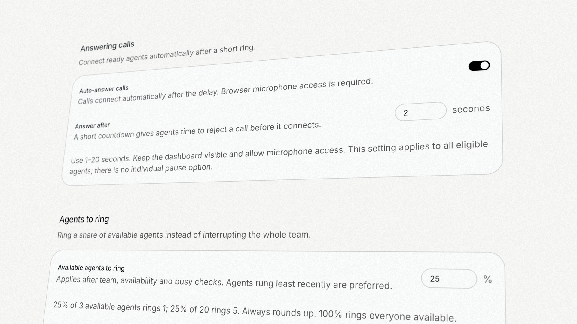 Voice and telephony settings with a two-second automatic answer delay and 25 percent of available agents selected